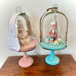 NEW Pastel nutcracker and Christmas village in cloche stand